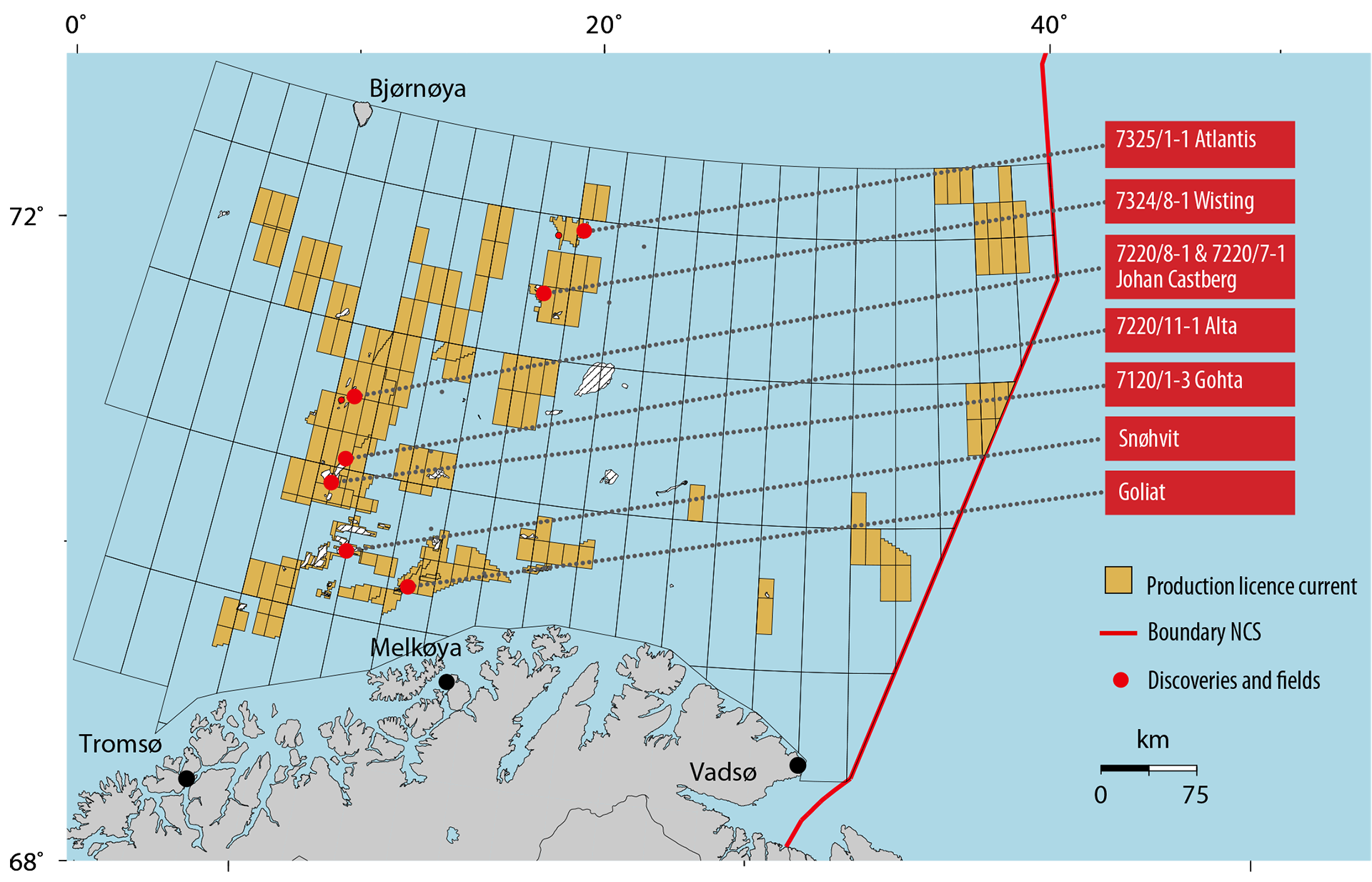 Figure 4. Areas of Barents Sea South opened for petroleum activities, fields on stream (Snøhvit and Goliat), discoveries in the evaluation phase, and the northernmost exploration wells.