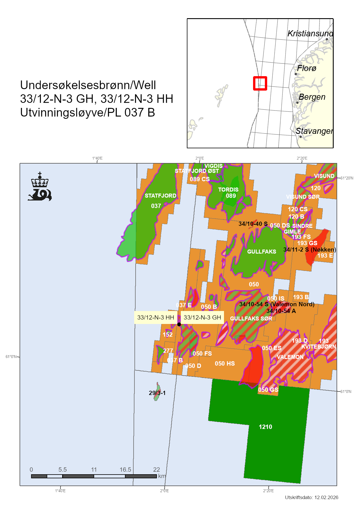 Map showing the location of the wells 33/12-N-3 HH og33/12-N-3 GH.