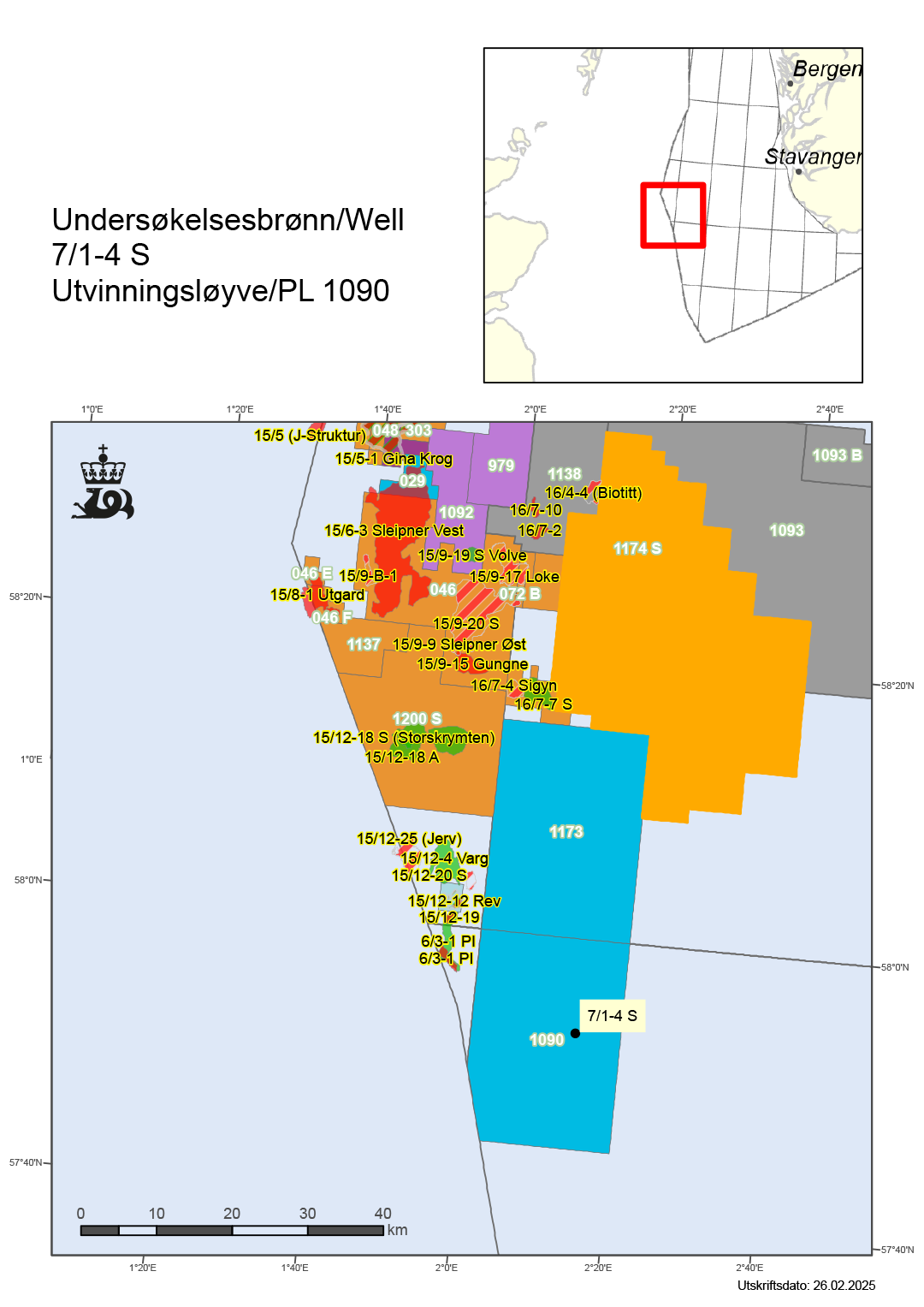 Map showing the location of well 7/1-4 S.