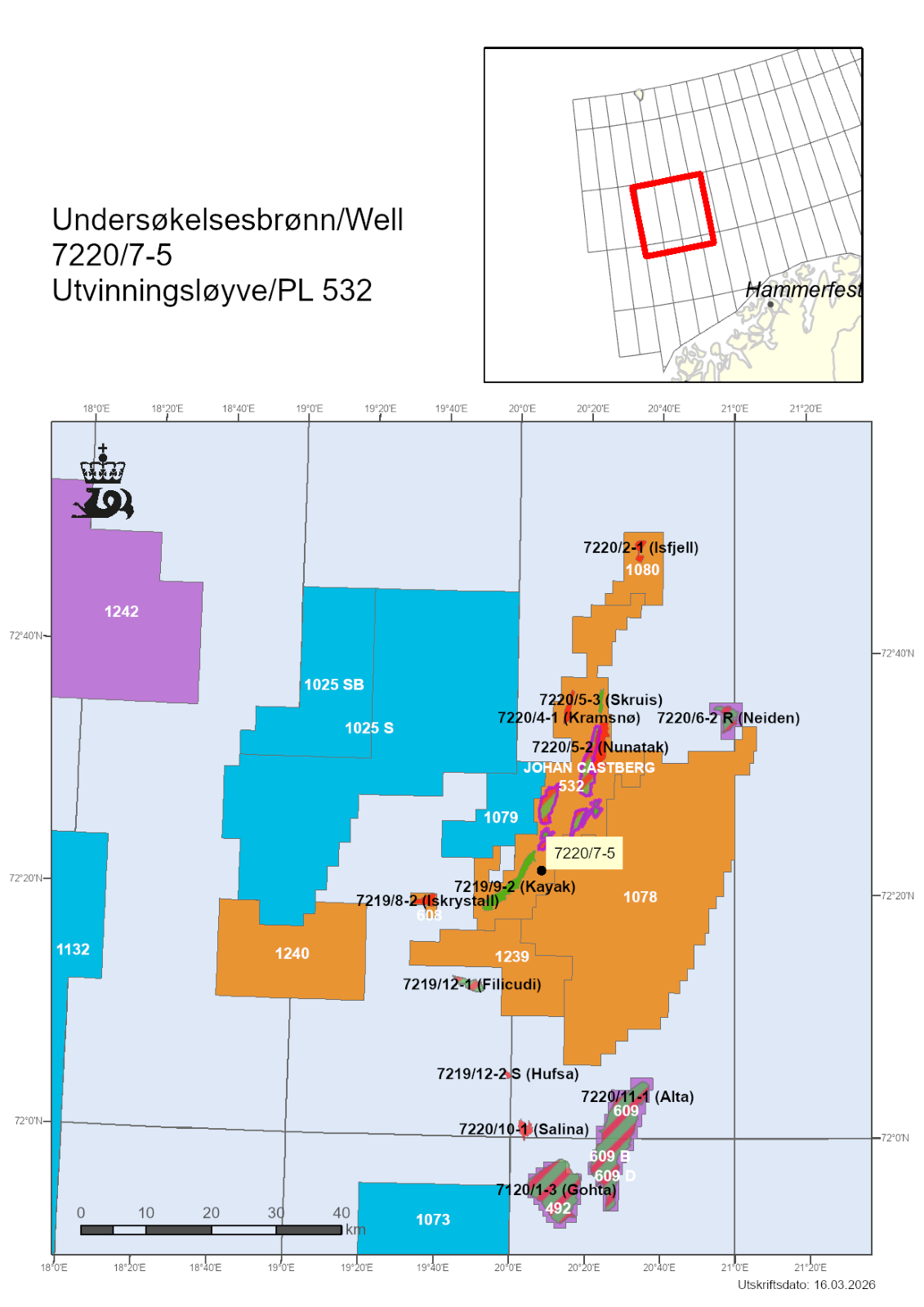 Kart over Barentshavet som viser lokasjonen av br&oslash;nn 7220/7-5