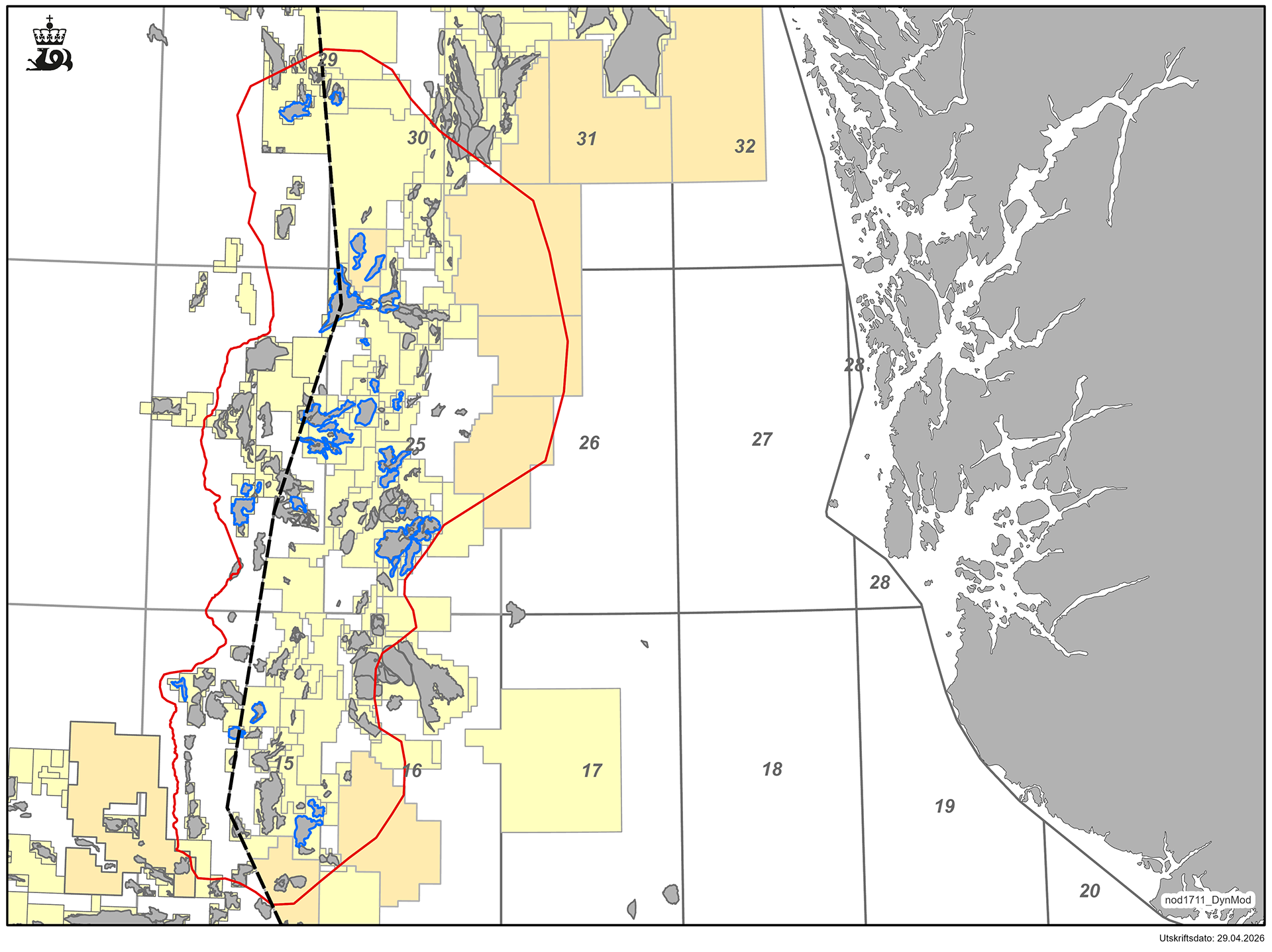 Kart som viser regional reservoarmodell som brukes for å analysere gjensidig påverknad mellom petroleumsproduksjon og CO2-lagring.