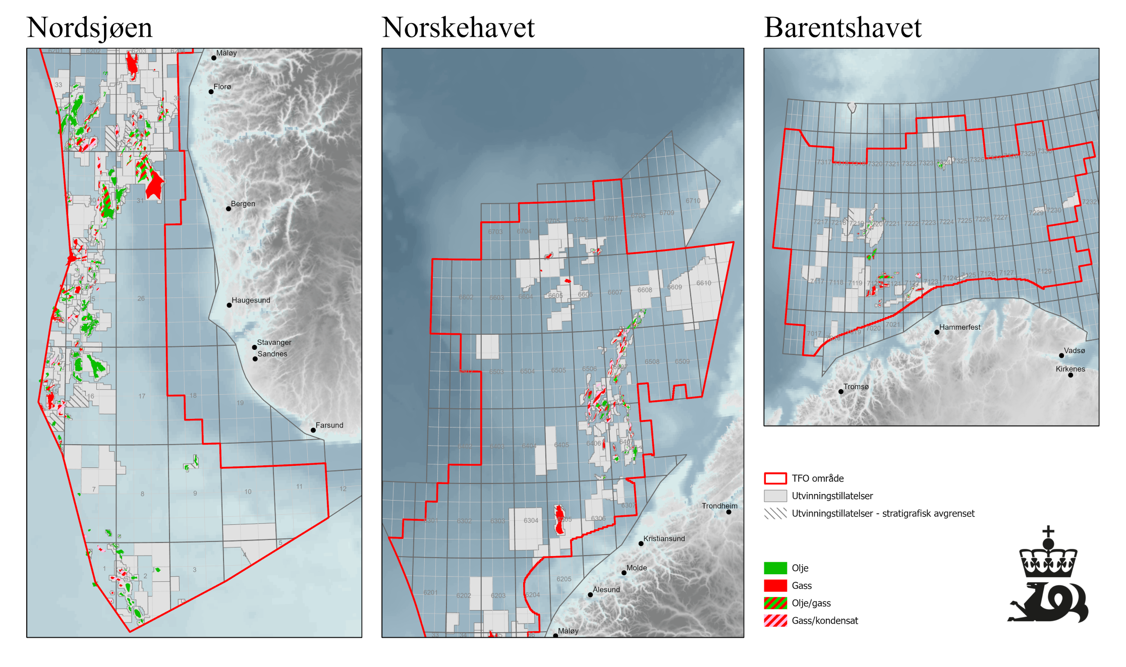 Kartet viser konsesjonsbelagte områder innenfor TFO-områdene i Nordsjøen, Norskehavet og Barentshavet per 9. mai 2025. 
