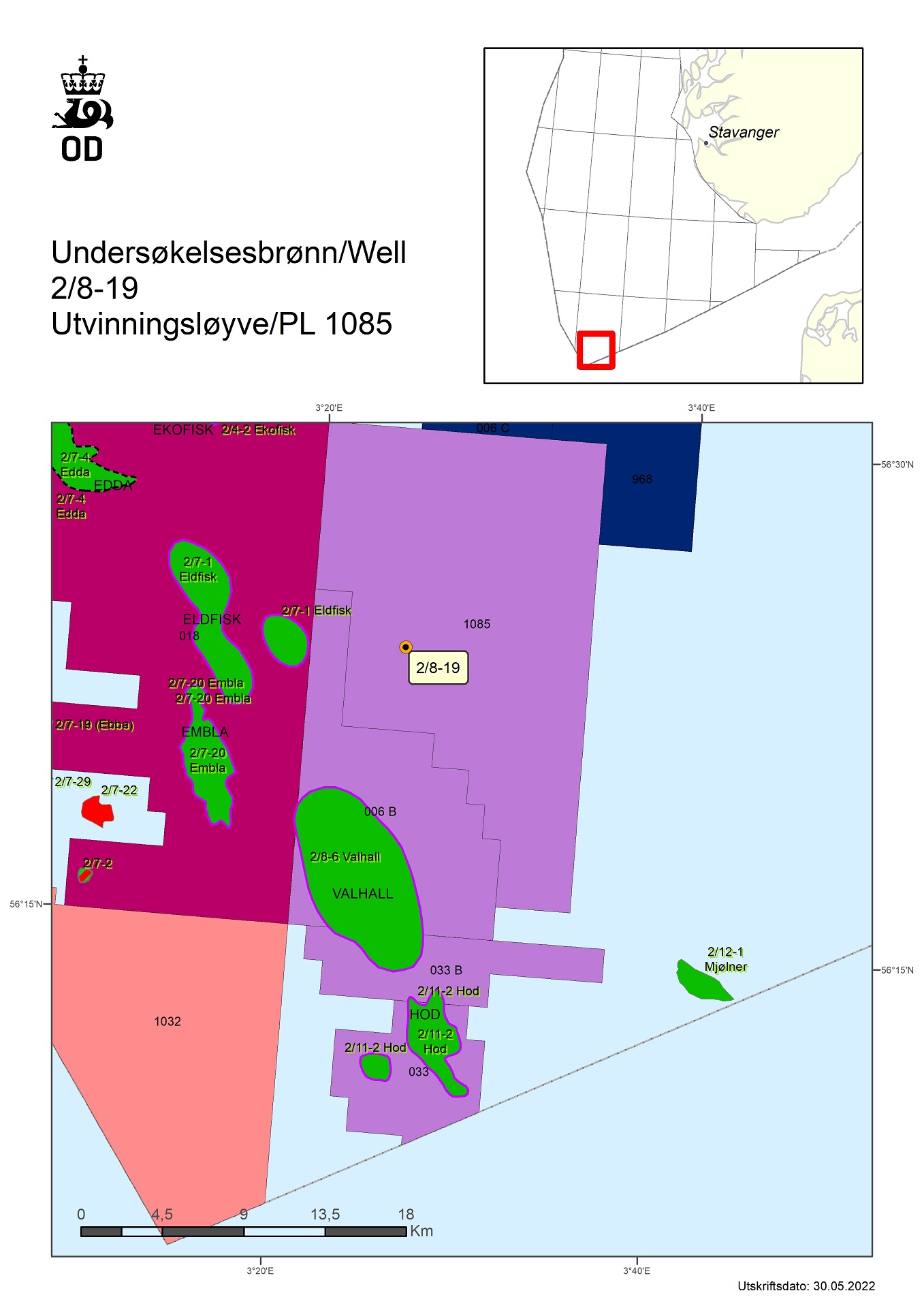 Map showing the location of well 2/8-19.