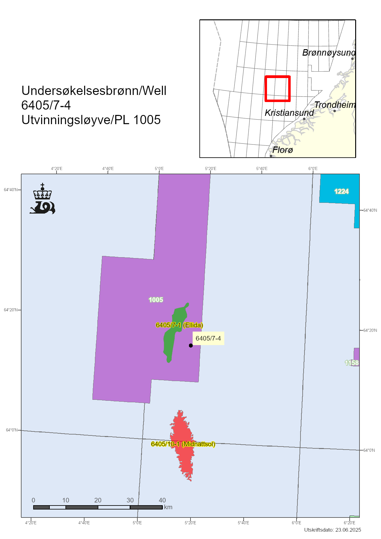 Map showing the location of well 6405/7-4.