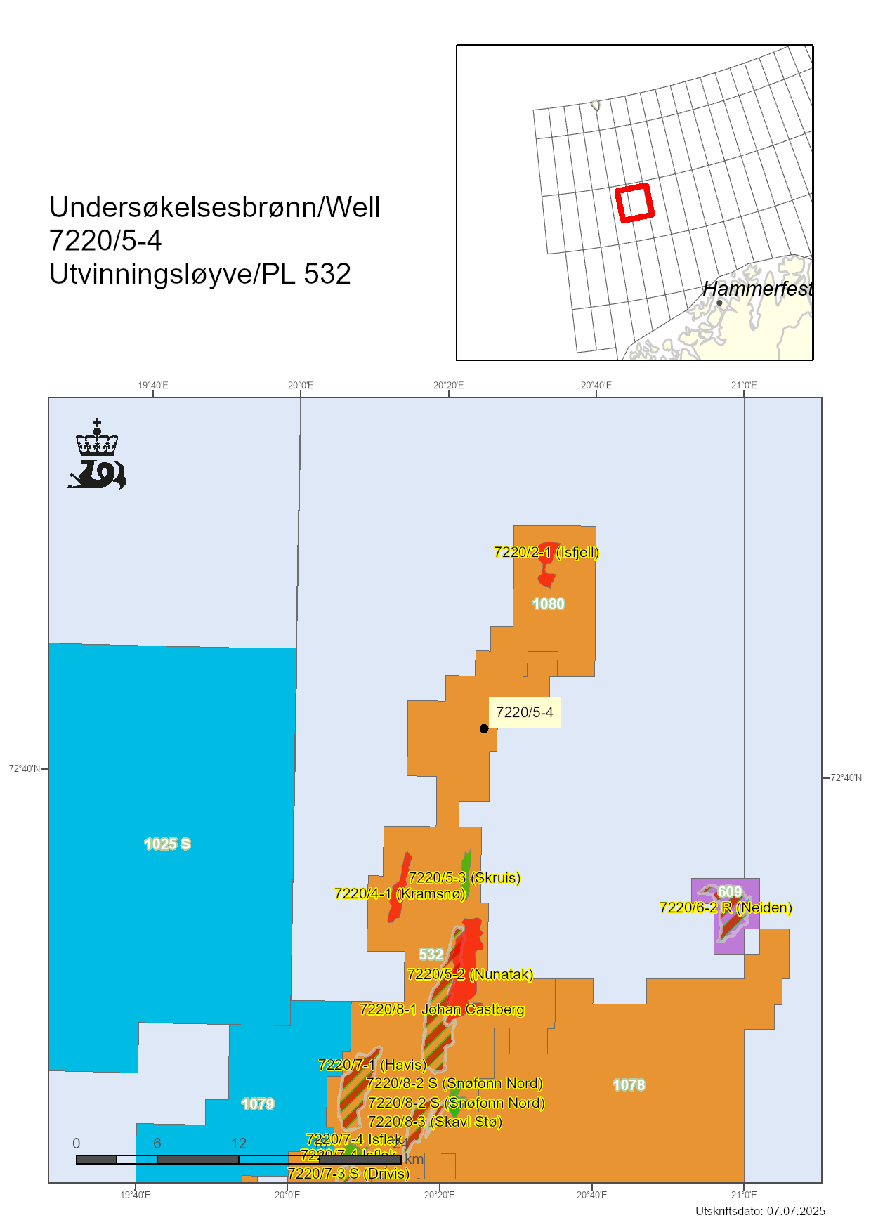 Map showing the location of well 7220/5-4.