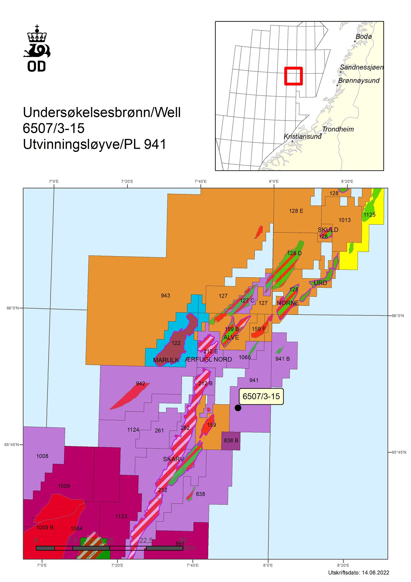 Map showing the location of well 6507/3-15.