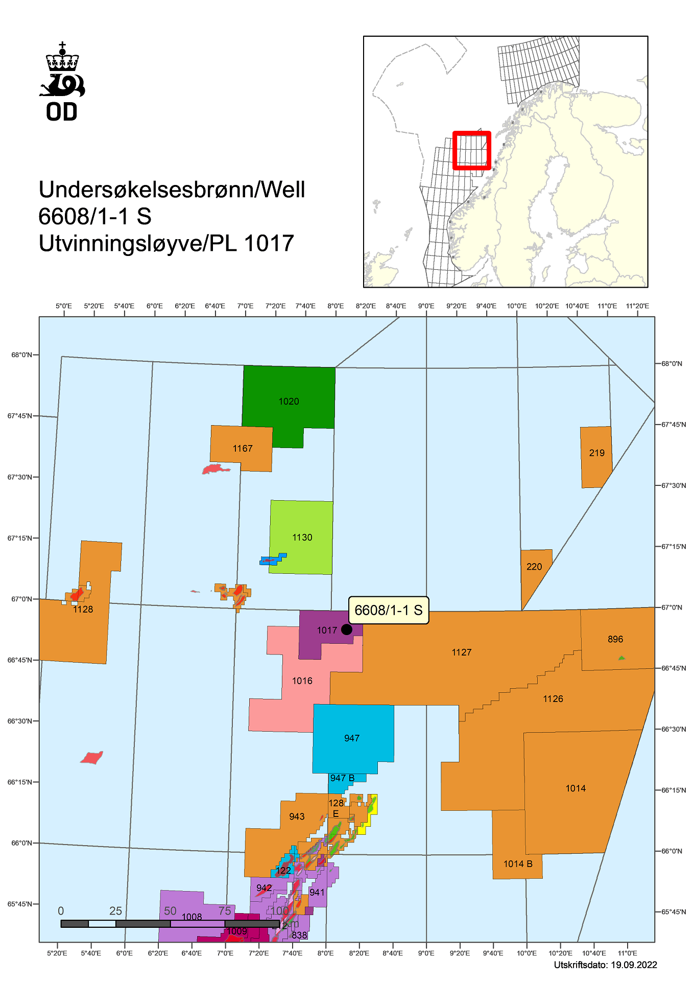 Map showing the location of well 6608/1-1 S.