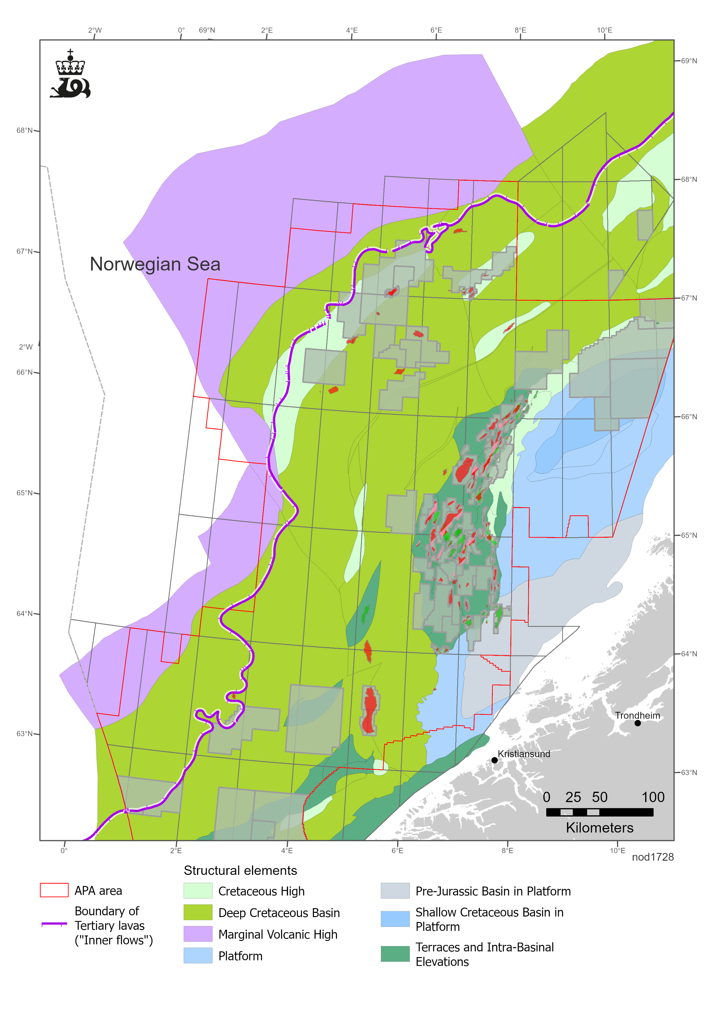Map showing the basalt areas on the Norwegian Continental Shelf