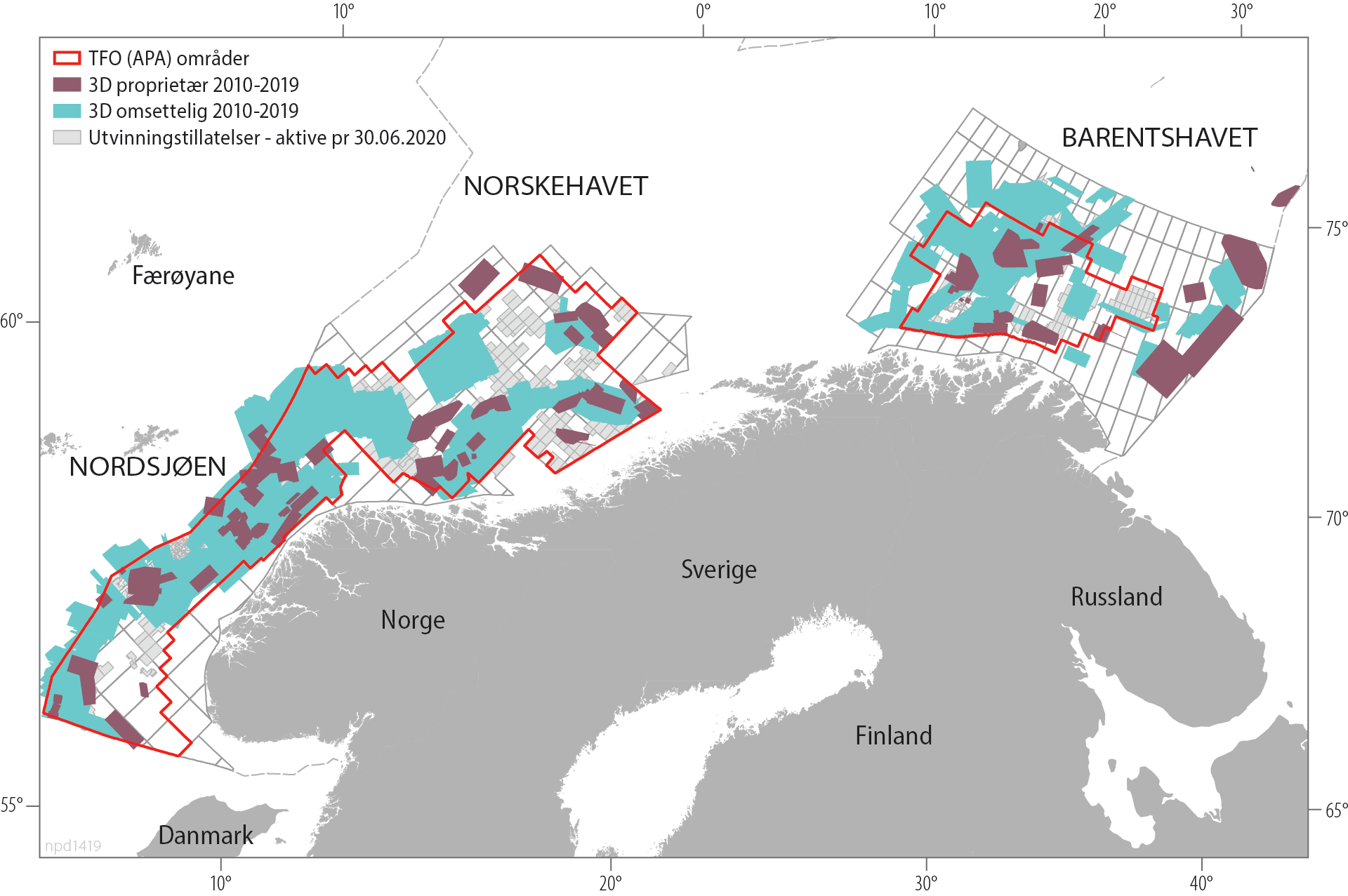 Figur 2.9 3D innsamling av oljeselskap (proprietær) og seismikkselskap (omsettelig), 2010-2019