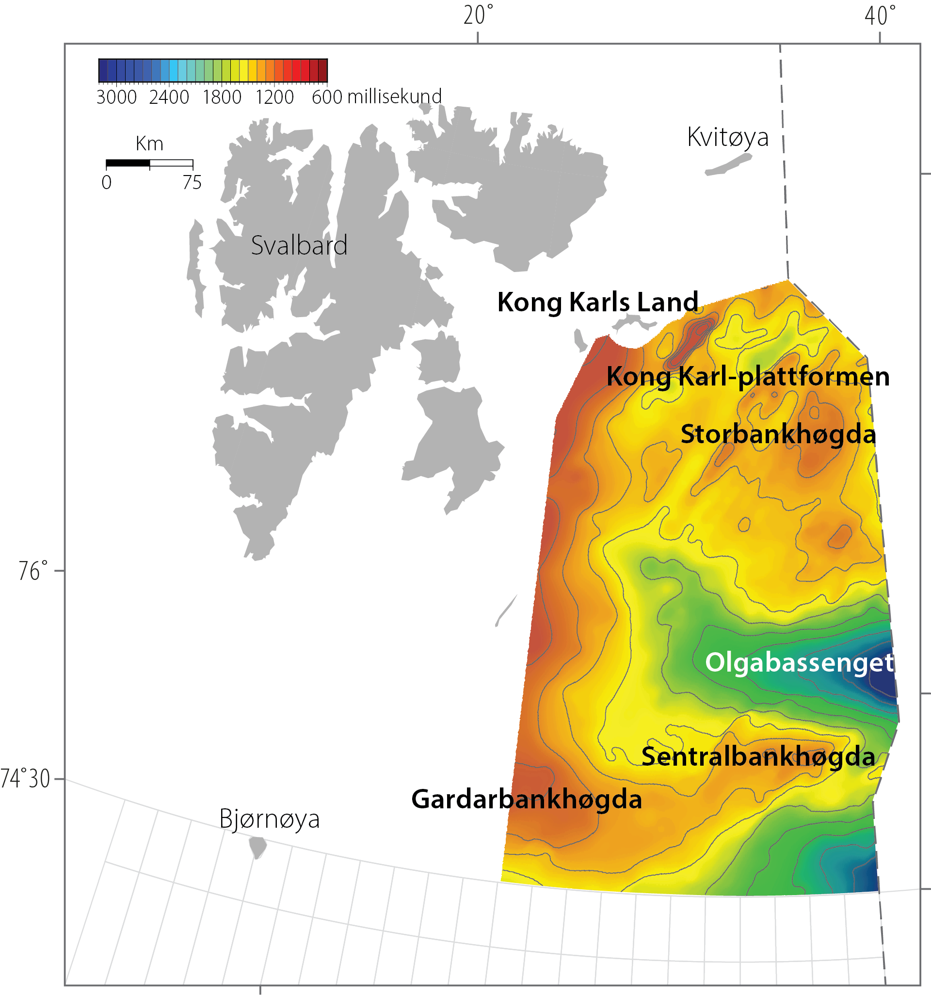 Figur 2.34 Store strukturer og utstrekningen av kartlagte områder i Barentshavet nord Tidskart topp perm alder