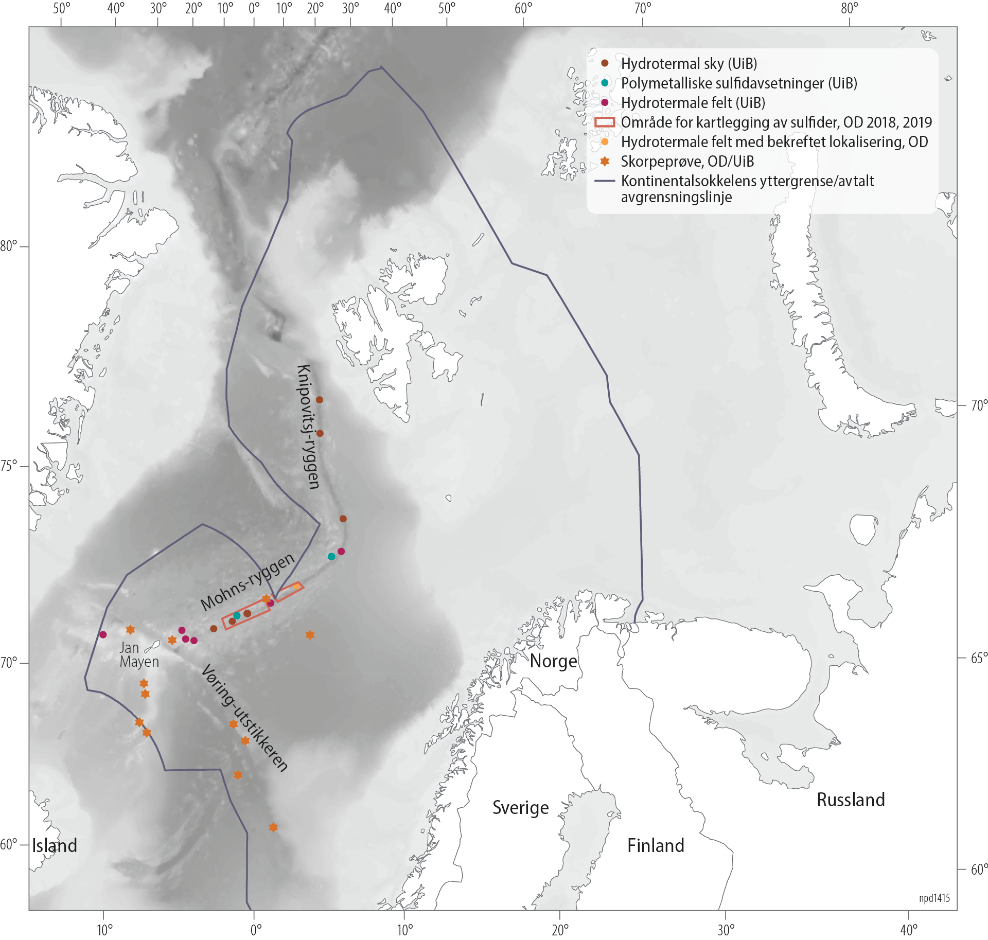 Figur 6.13 Oversikt over utforskningen av havbunnsmineralene i dyphavet på norsk kontinentalsokkel utført av akademia og Oljedirektoratet Sulfidforekomster ved dagens aktive varme kilder er vist med rød sirkel, sulfidforekomster  over utdødde varme kilder er vist med grønn sirkel. Varmt vann fra mulige, aktive kilder er vist med gul sirkel. Feltet som ble funnet av Oljedirektoratet i 2019 omfatter både aktive og utdødde områder og er markert med rosa sirkel. Steder der det er tatt prøver av manganskorpe er vist med gul stjerne.