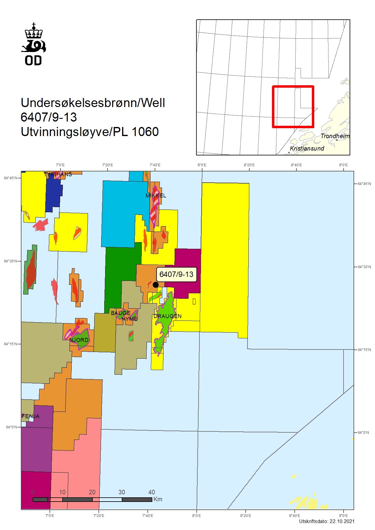 Map showing the location of well 6407/9-13