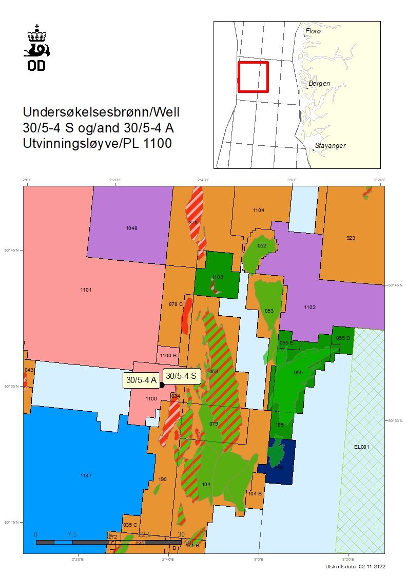 Kart som viser hvor brønnene 30/5-4 S og 30/5-4 A er lokalisert