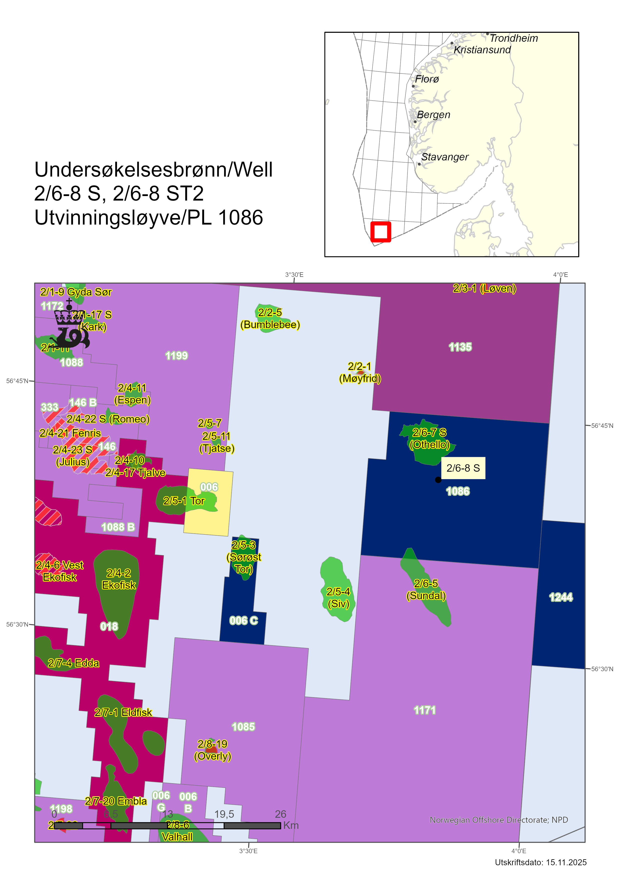 Map showing the location of well 2/6-8 S og 2/6-8 ST2 in the North Sea.