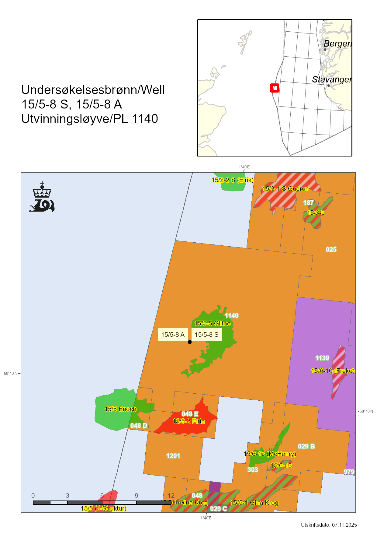 Map showing the location of the wells 15/5-8 S and A.