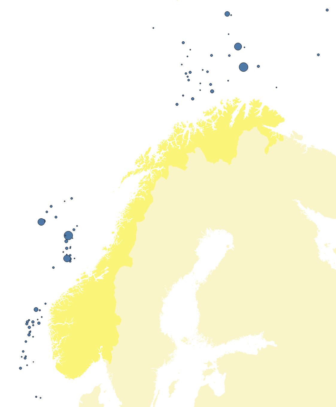 Kartet viser en oversikt over påvist gass i funn som, av ulike grunner, ikke er besluttet for utvinning.