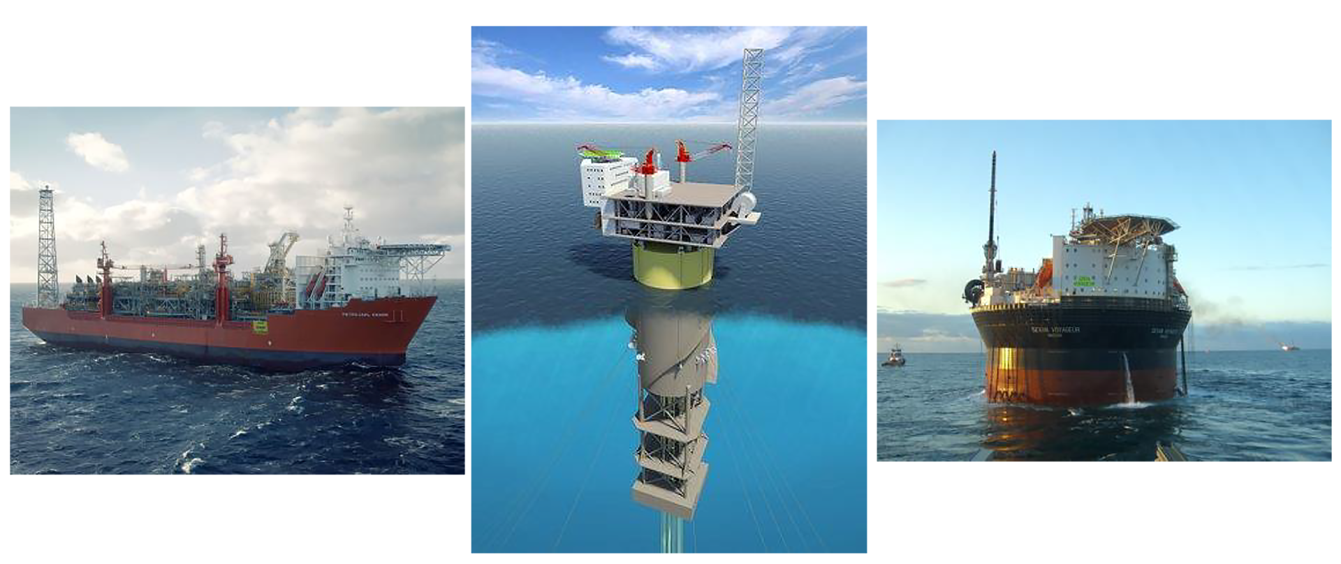 Figur 9-3: Eksempel på FPSOer. Fra venstre: skipsformet FPSO (Petrojarl Knarr) [66], Sparbøye (Aasta Hansteen) [63] og Sevanbøye (Goliat FPSO) [67]