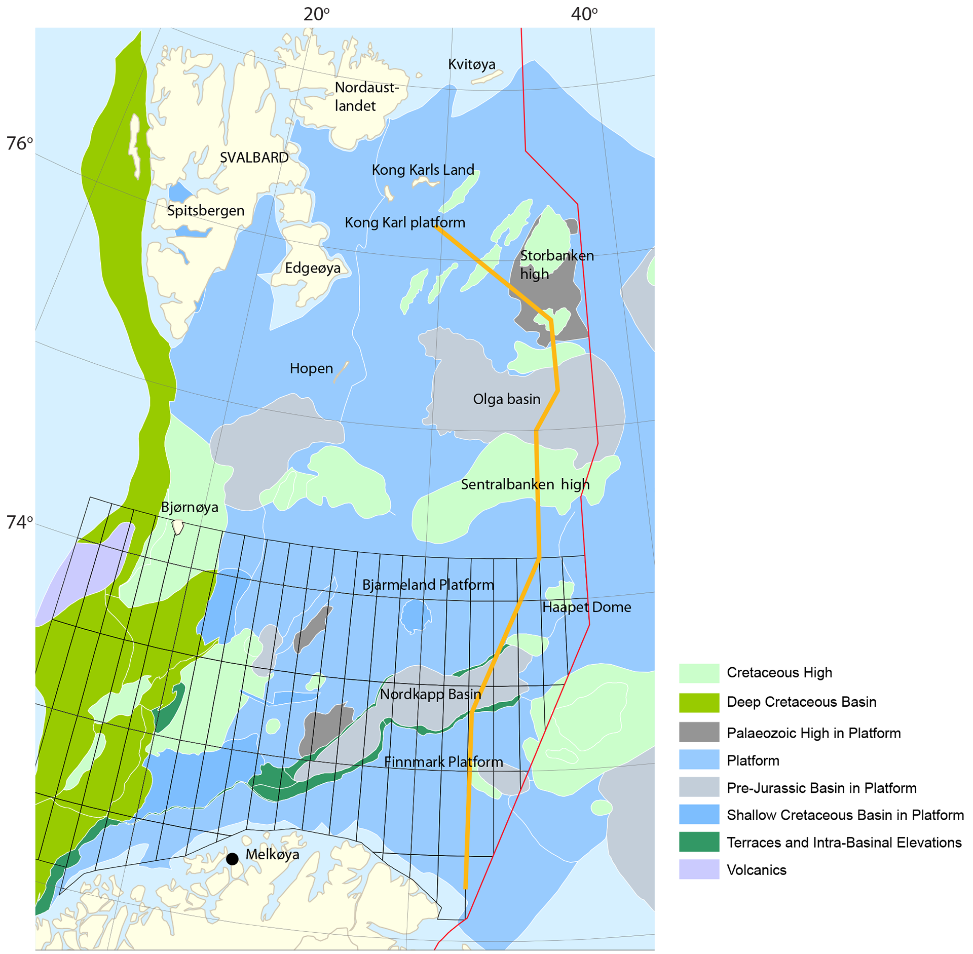 Figure 6. Map of the main geological structural elements in the Norwegian sector of the Barents Sea. It is worth noting that the structural elements in Barents Sea North have yet to be formally approved by the Norwegian Committee on Stratigraphy. Structural elements mentioned in the text are named on the map. The yellow line shows the location of the geoseismic profile presented in figure 7. The area opened for petroleum activities in Barents Sea South is shown by quadrants.