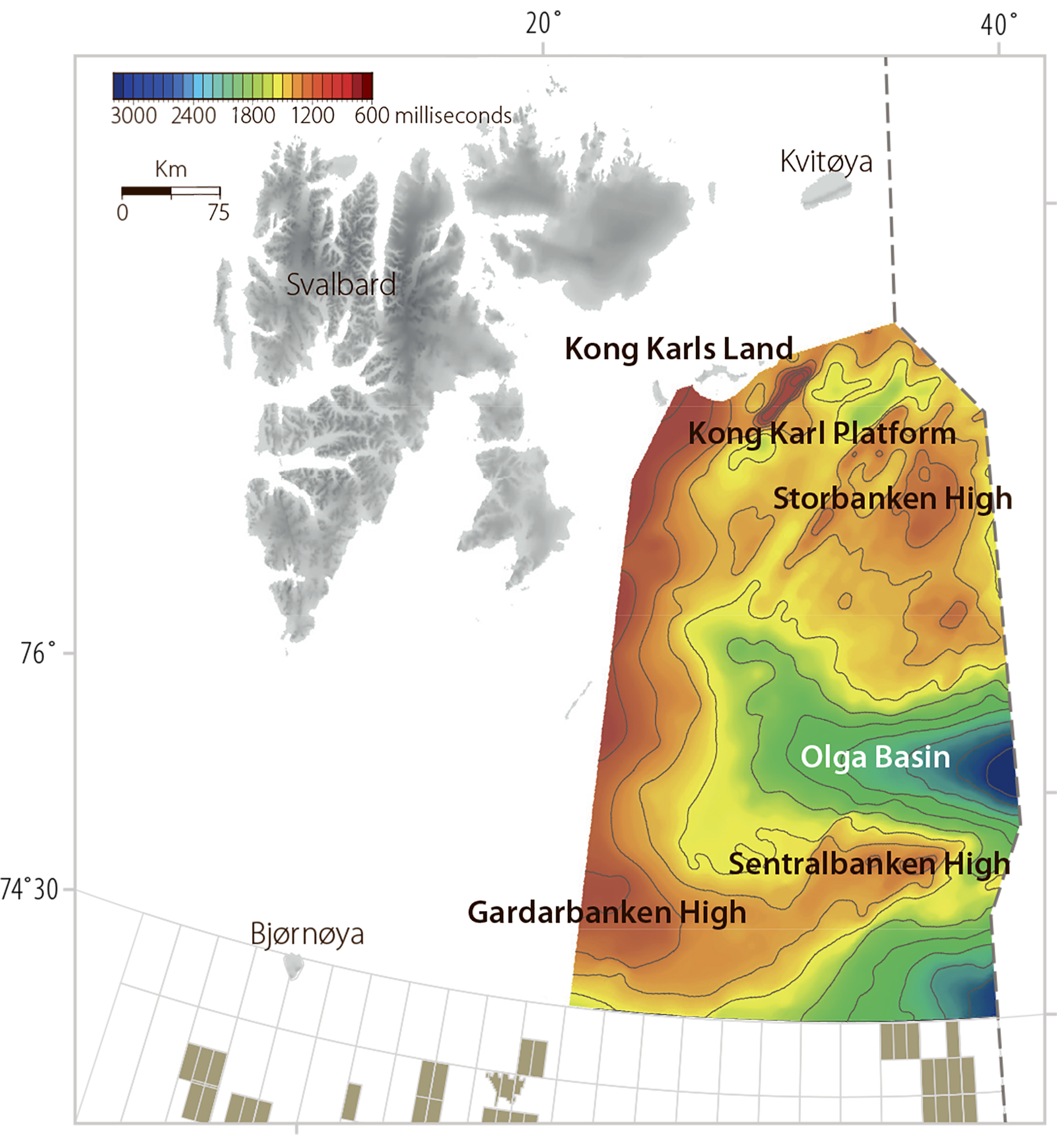 Figure 1.8 Large structures and the extent of the mapped area in Barents Sea North (time contour map for the top of the Permian).
