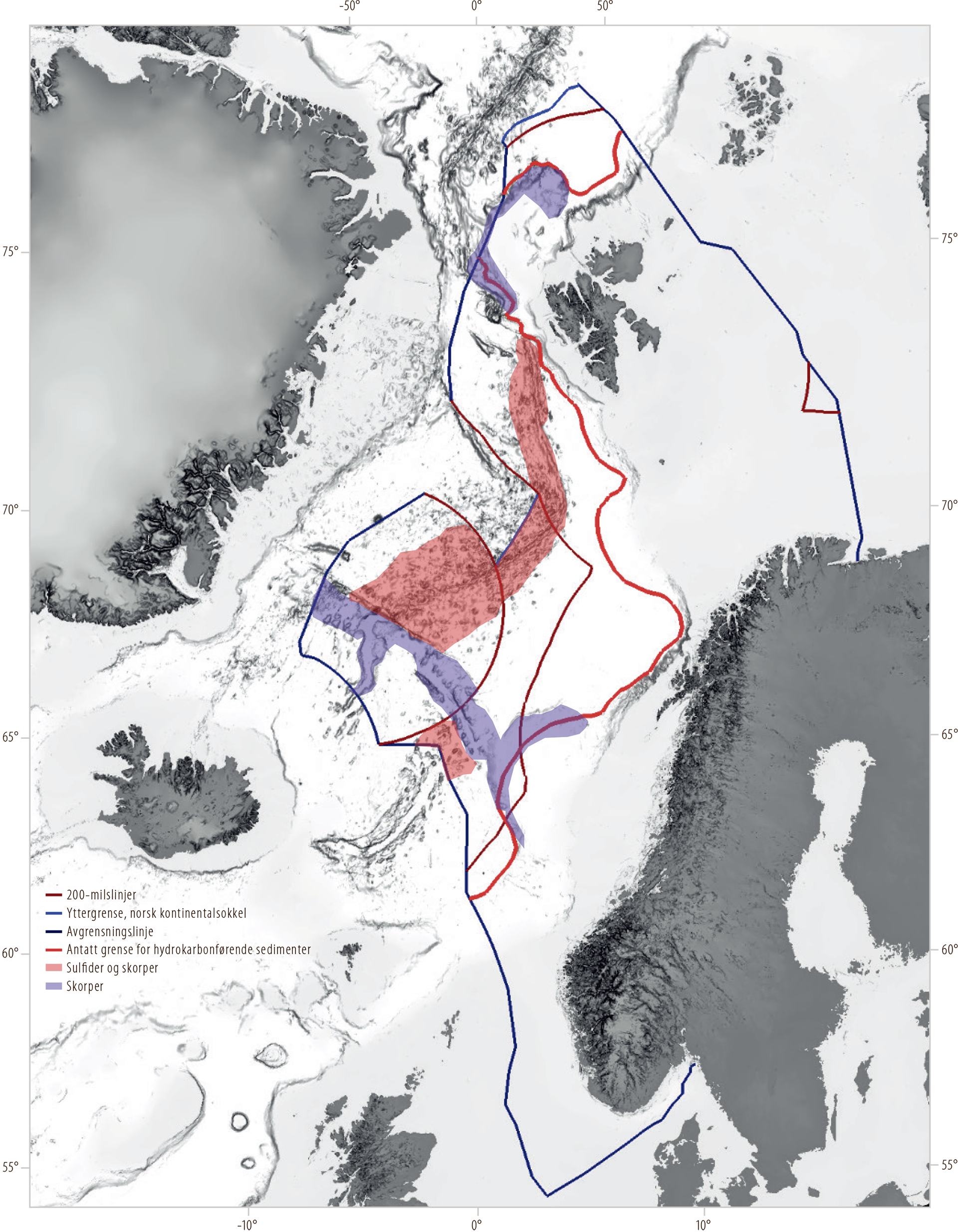 Figur 8.3 Kart over områder med mulige forekomster av havbunnsmineraler på norsk sokkel