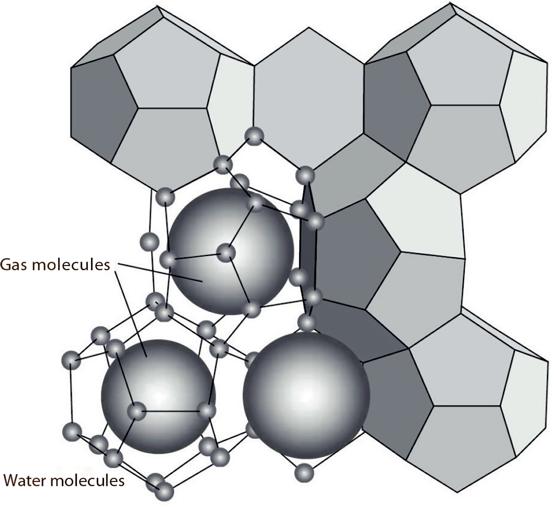 Figure 8.4 A model showing the molecular structure of gas hydrate. The water molecules form a lattice which encloses the gas molecules. From Maslin et al (2010).