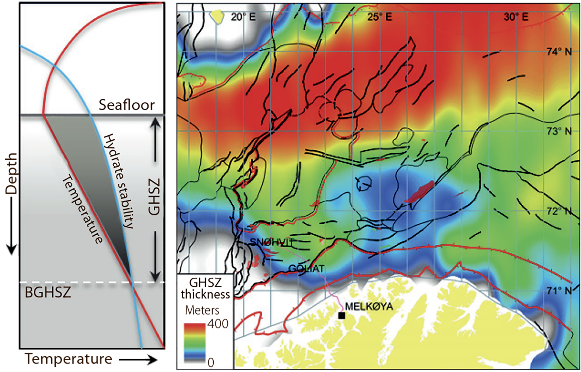 Figure 8.5 Thickness of the gas hydrate stability zone in the Barents Sea. Based on Chand et al, 2012