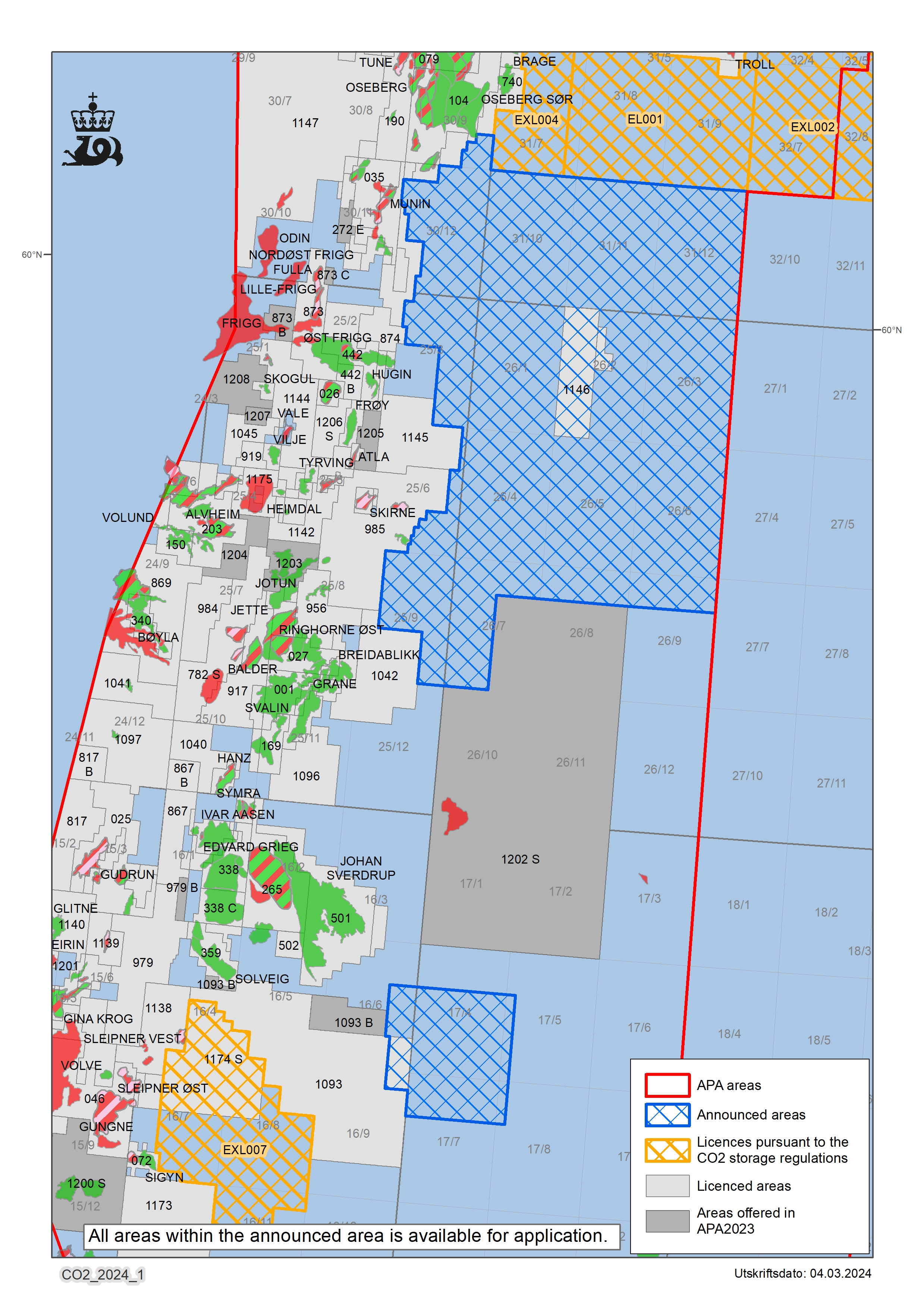 Map of available acreage, carbon storage, 2024, round 1