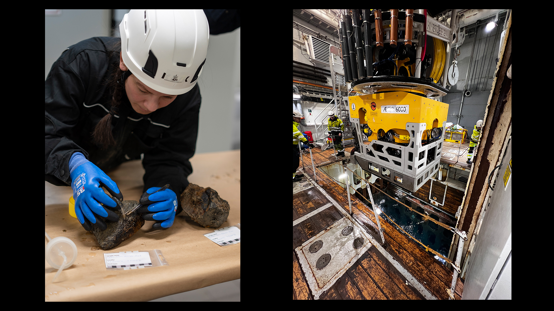 Rosalyn Fredriksen, environmental advisor for the Norwegian Offshore Directorate, looks for biological traces in a sample extracted from 3000 metres below sea level. On the right, the ROV that was used on the recent seabed mapping. (Photo: Jørgen Vadla/the Norwegian Offshore Directorate)