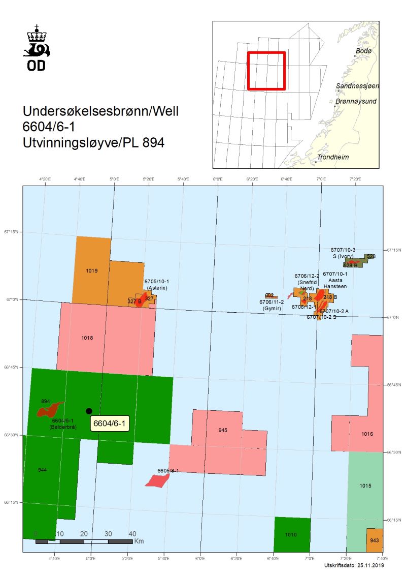 Kart som viser brønn 6604-6-1 i utvinningstillatelse 894.