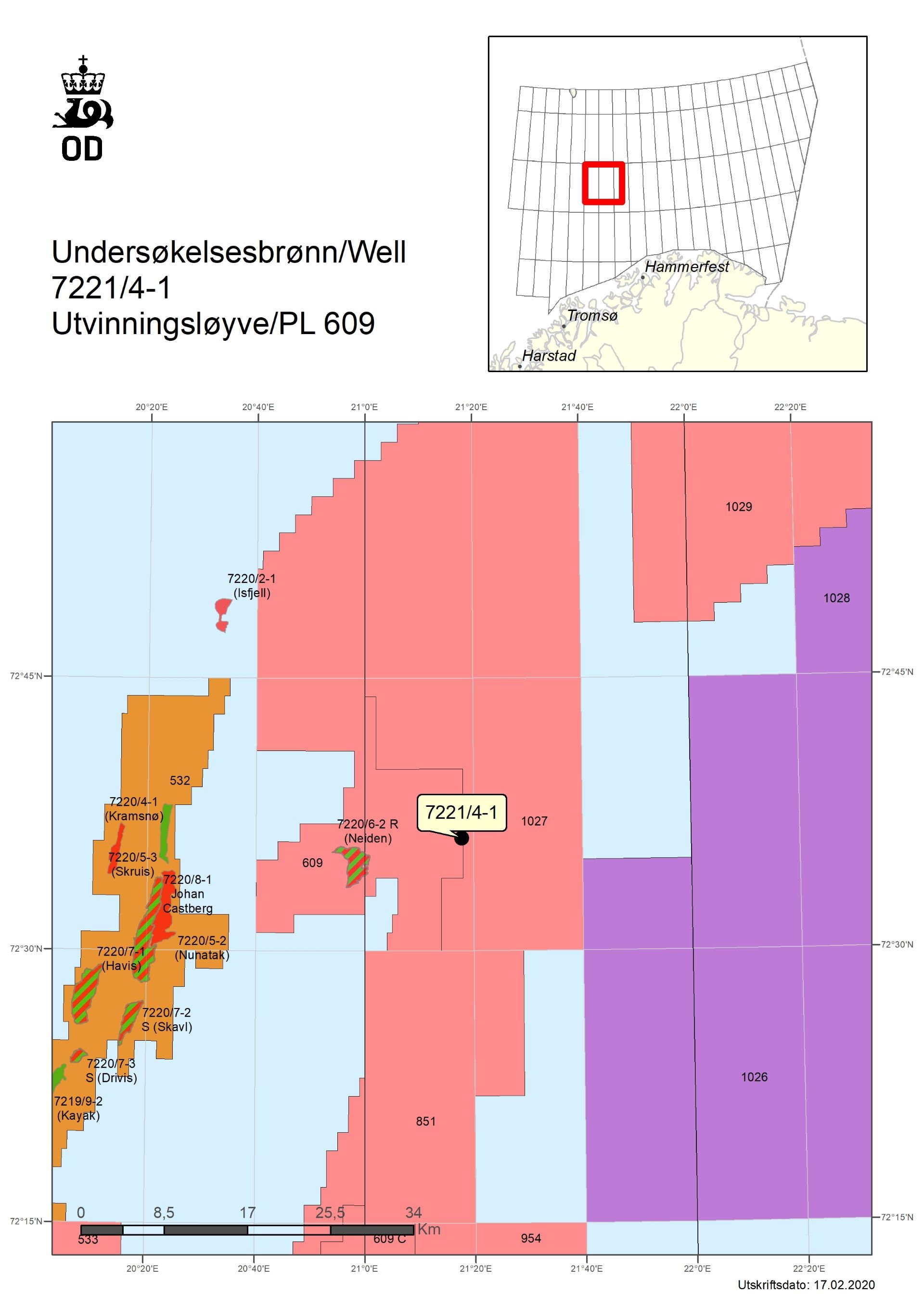 Kart som viser brønn plassering av brønn 7221-4-1