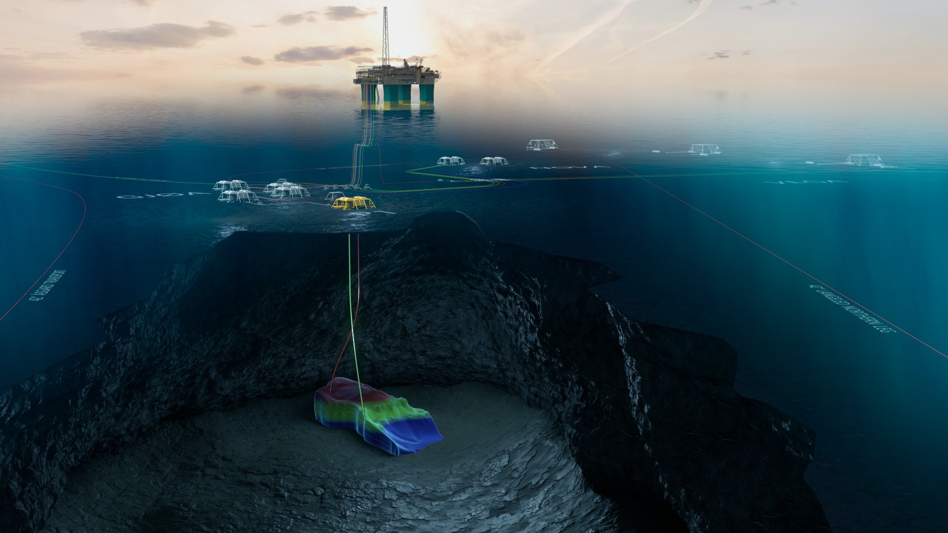 Illustration showing the seabed installations on the Gjøa field