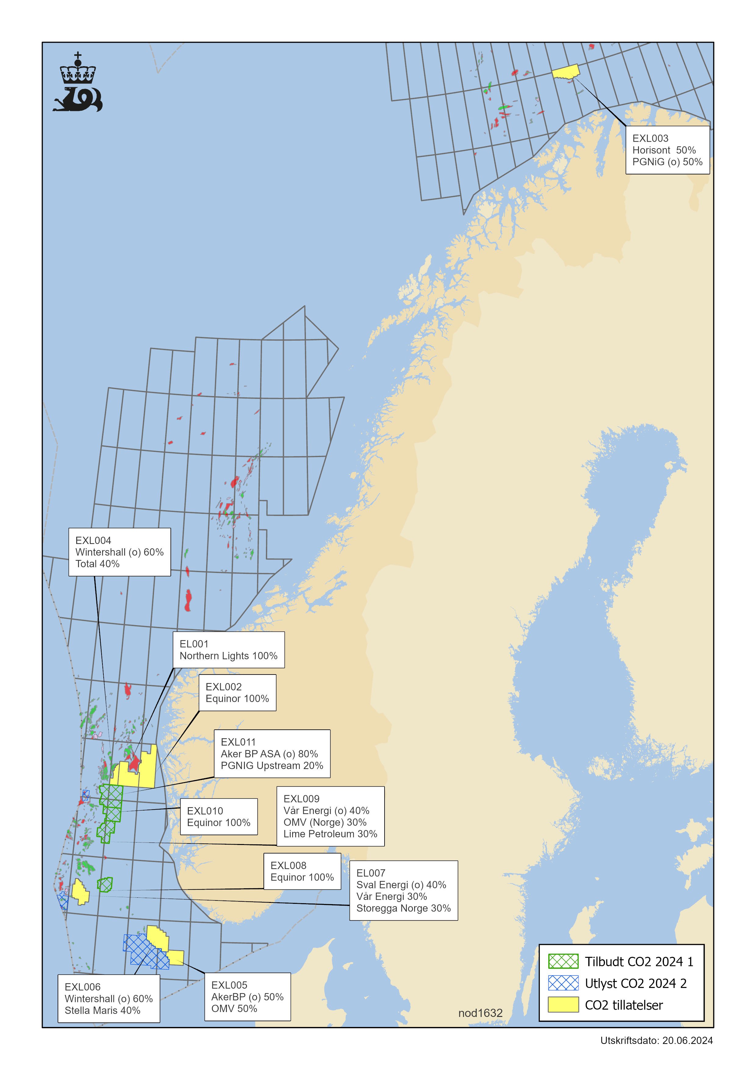Kart som viser status på tildelte CO2-løyve og eigarskap.
