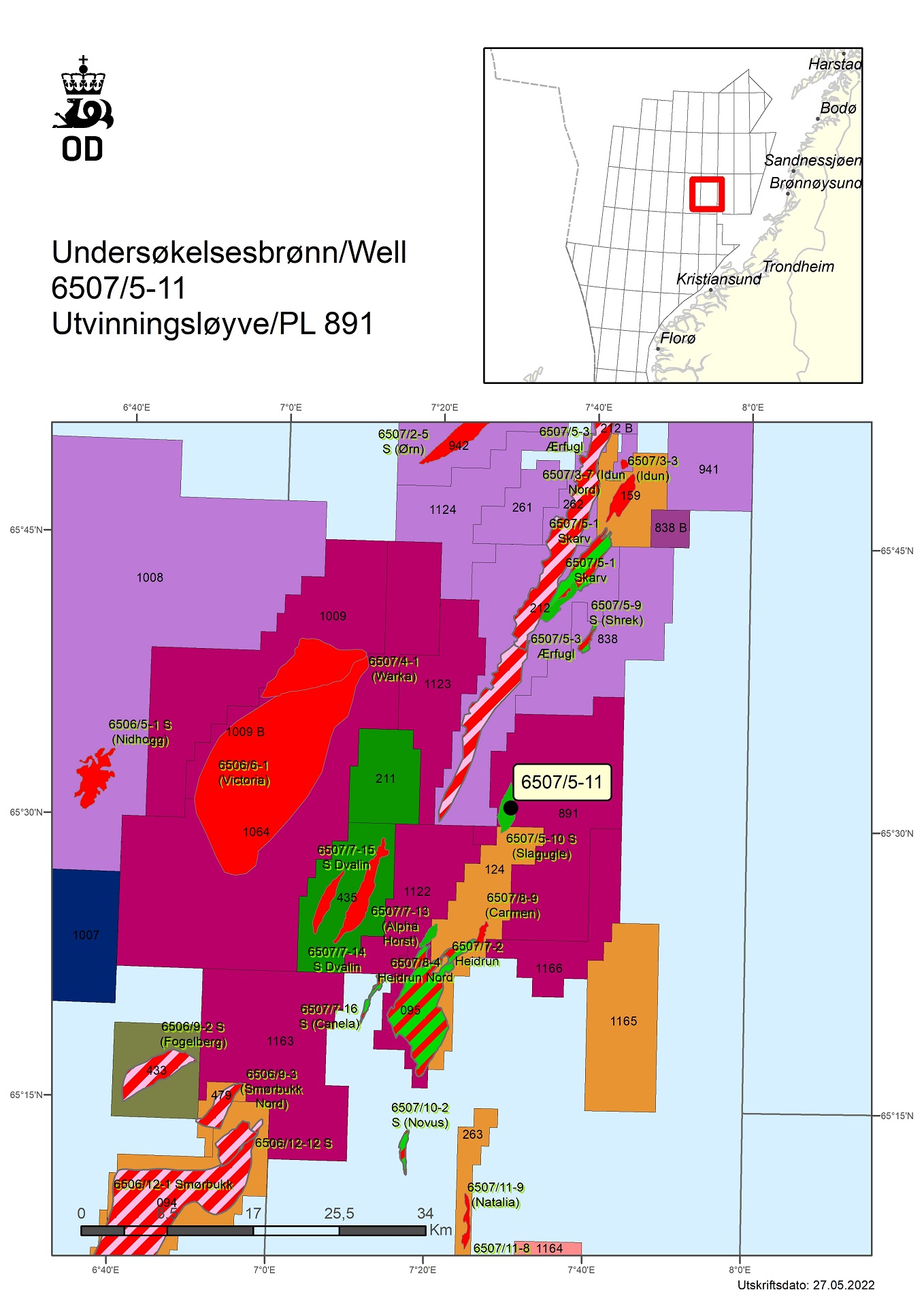 Map showing the location of well 6507/5-11