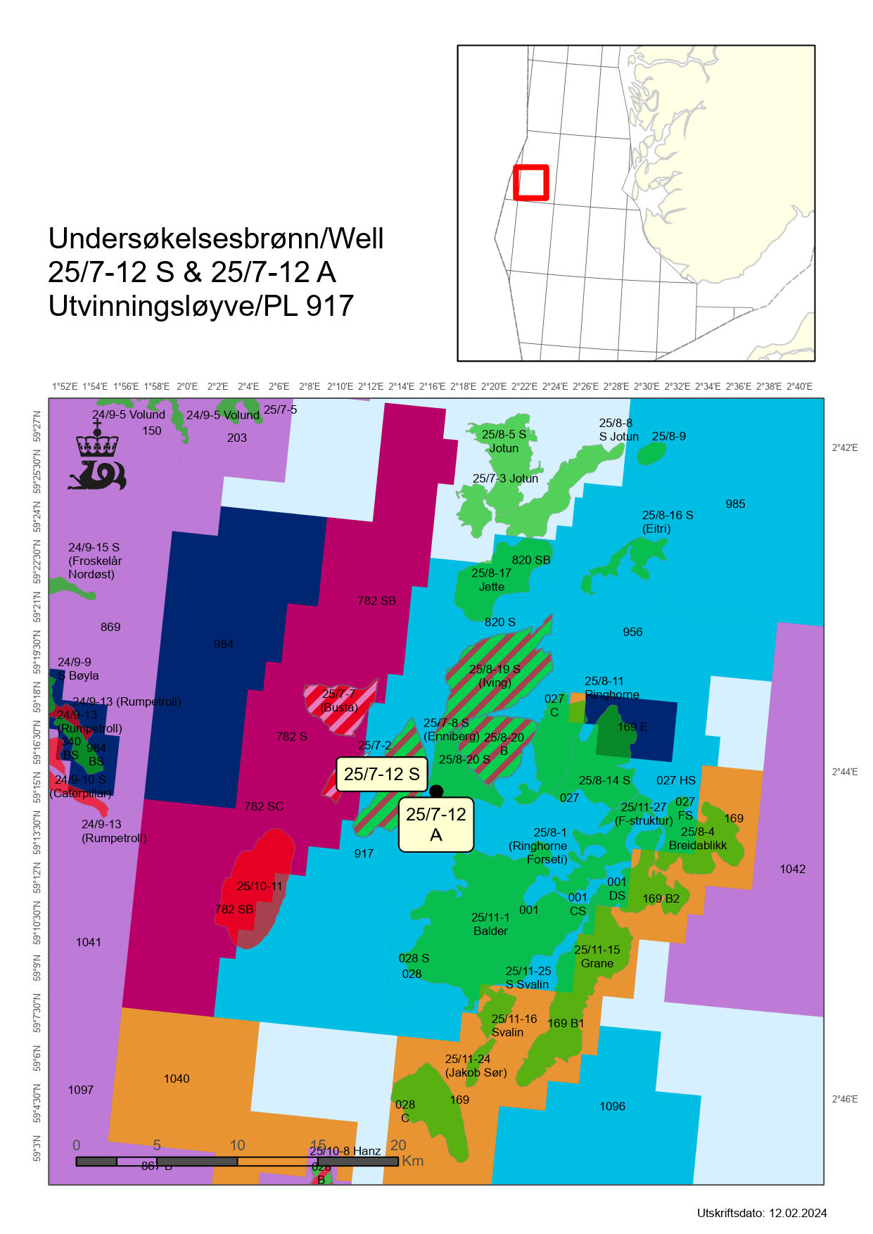 Map showing the location of the wells 25/7-12 S and 25/7-12 A