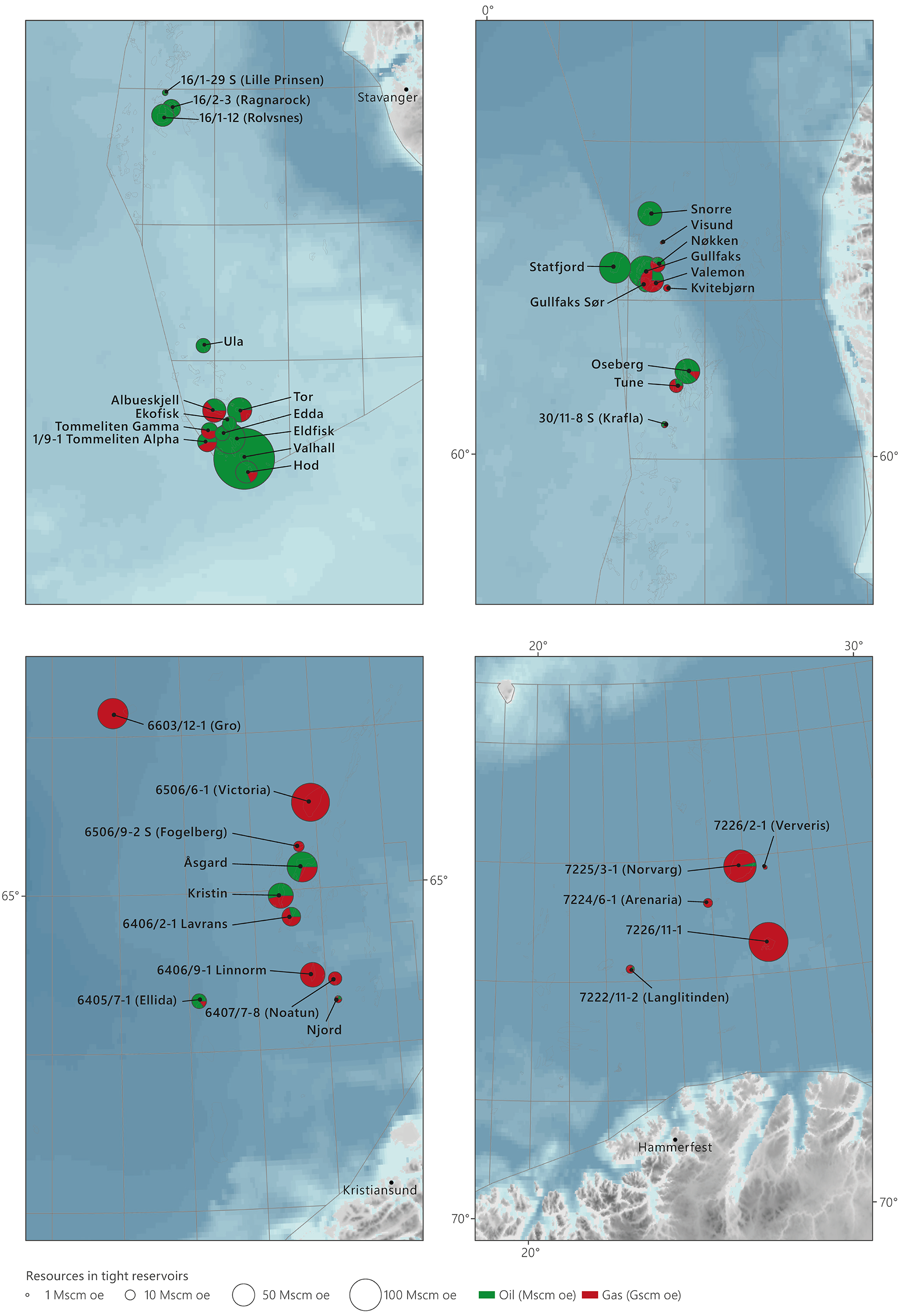 Four maps showing oil and gas in tight reservoirs in the southern and northern parts og Norway`s North Sea sector as well as in the Norwegian and Barents Seas.