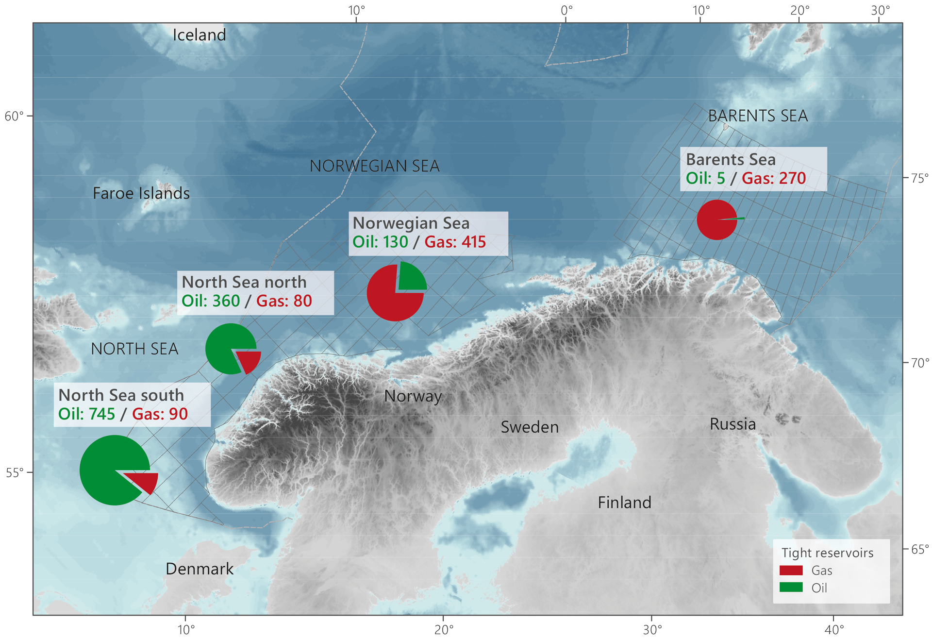 Map showing oil and gas in place in tight reservoirs by area.