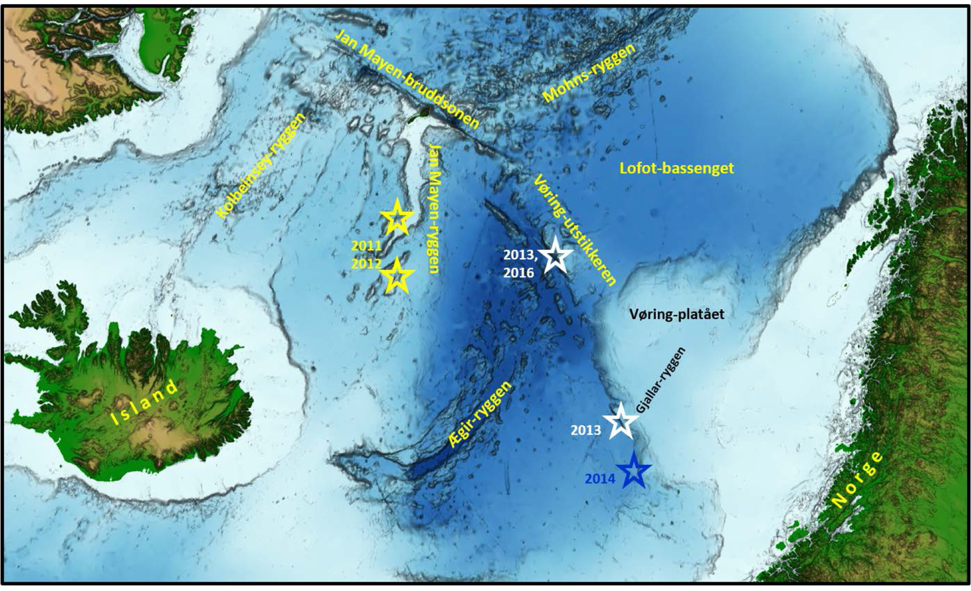 Kart som viser lokalitetene for Oljedirektoratets prøvetaking av fast fjell på havbunnen.