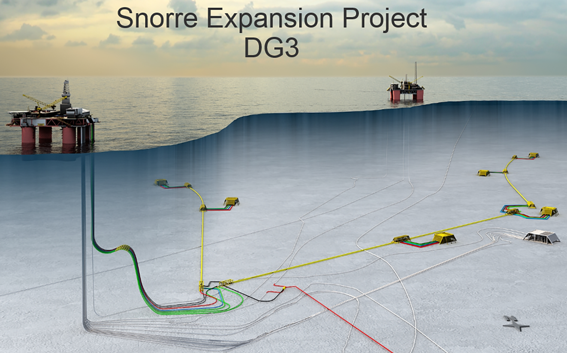 One of the largest projects for improved recovery will be implemented on the Snorre field in the North Sea. The subsea development consists of six subsea templates, each with four wells. The plan is to have twelve wells for production and twelve wells for water and gas injection. The development facilitates tie-in of additional subsea templates. (Illustration: Statoil)