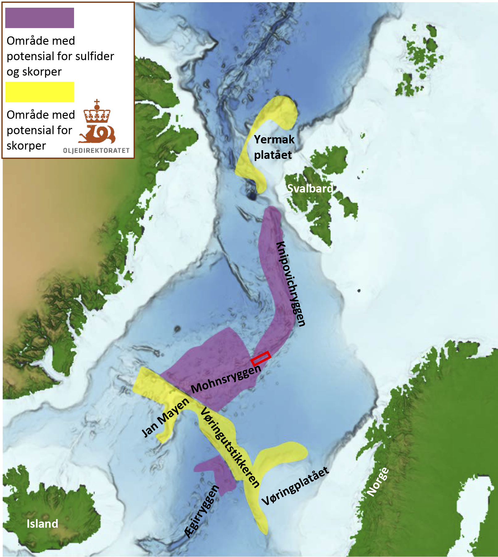 Kartleggingsområdet (rød firkant) sentralt på Mohnsryggen i Norskehavet. Kartet viser også potensielle områder for havbunnsmineraler som sulfider og skorper.